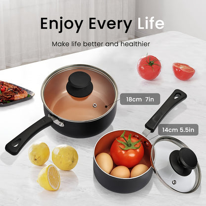 1set Nonstick Sauce Pan Set with Lid, 1 QT + 2.0 QT Sauce pot Cooking Pots Set, Stay-cool Handle, Induction Compatible, PFOA Free Black and Golden