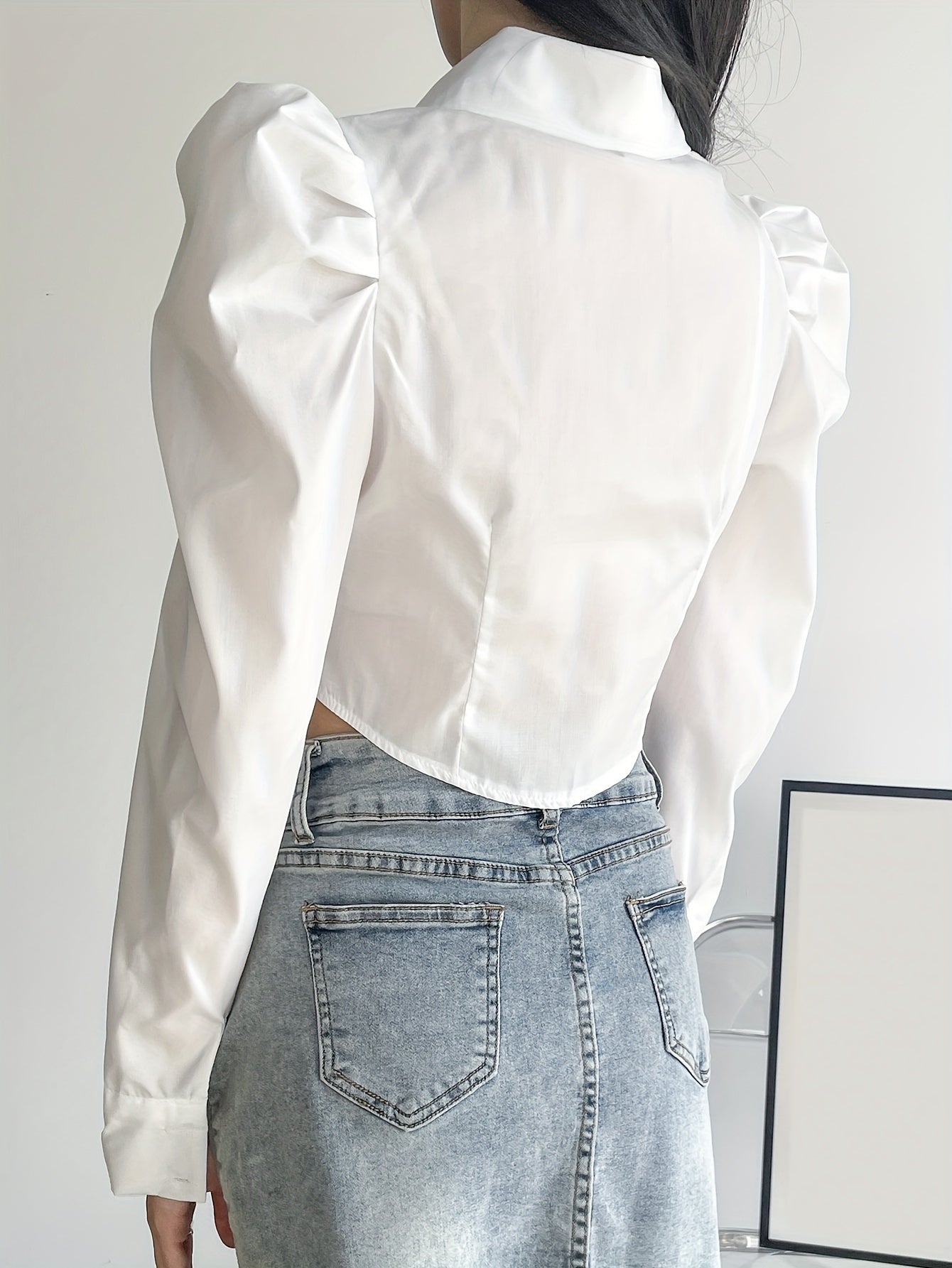 Sixsr Puff Sleeve Button Front Blouse, Casual Solid Color Lapel Crop Blouse For Spring & Fall, Women's Clothing