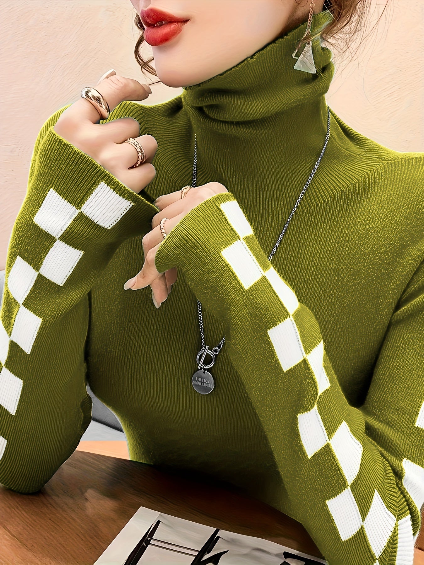 Sixsr Plaid Turtle Neck Pullover Sweater, Casual Long Sleeve Slim Versatile Sweater, Women's Clothing