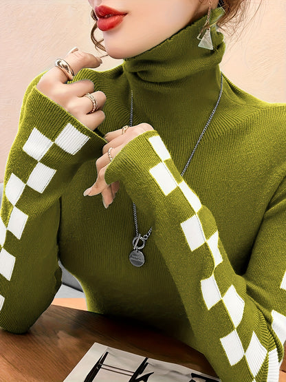 Sixsr Plaid Turtle Neck Pullover Sweater, Casual Long Sleeve Slim Versatile Sweater, Women's Clothing