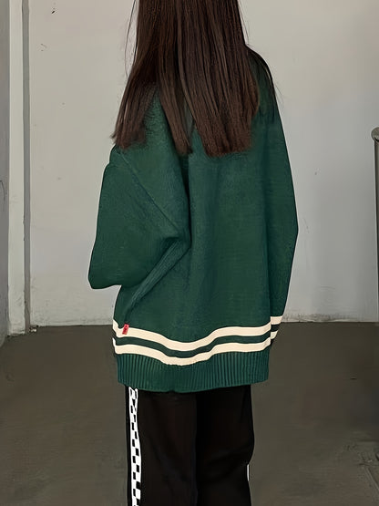 Sixsr Letter R Pattern V Neck Pullover Sweater, Preppy Long Sleeve Loose Sweater, Women's Clothing