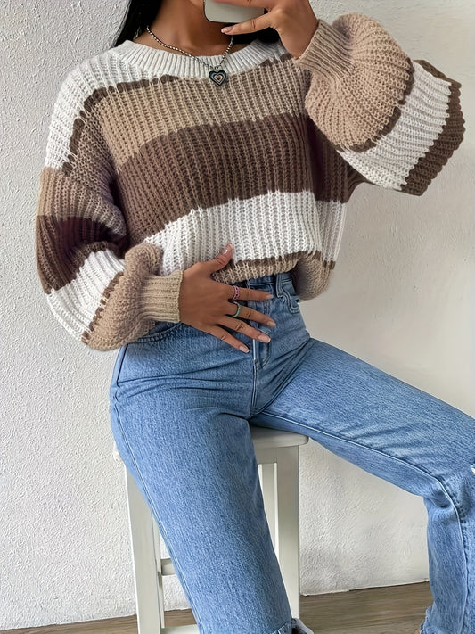 Sixsr Color Block Crew Neck Pullover Sweater, Casual Lantern Sleeve Loose Sweater, Women's Clothing