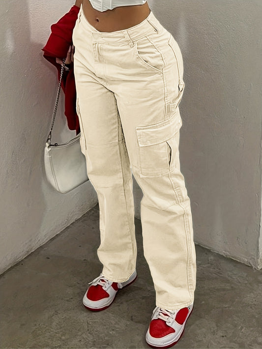 Sixsr Straight Leg Cargo Pants, Y2K Solid High Waist Casual Fashion Slim Wide Leg Pants, Women's Clothing