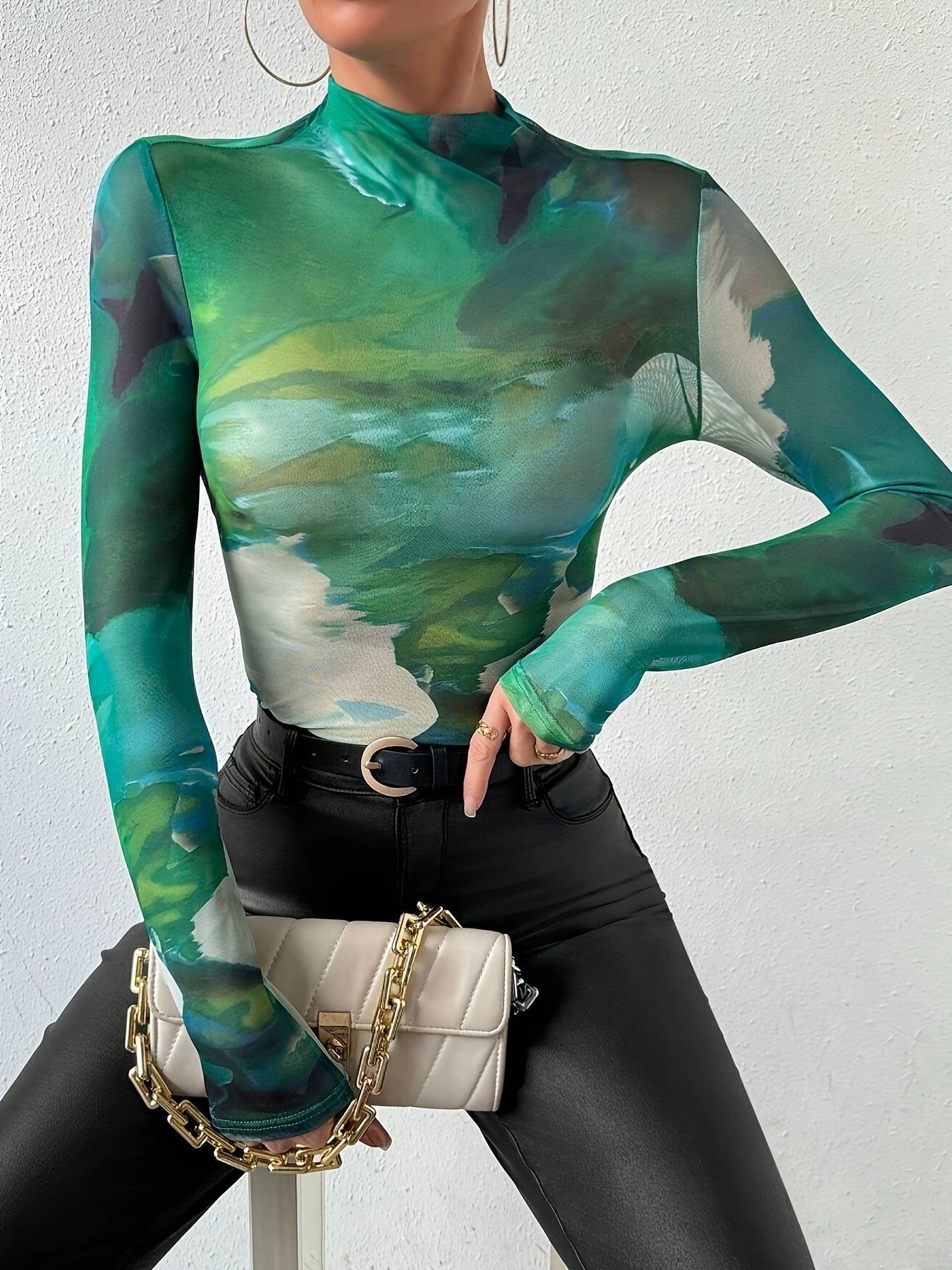 Sixsr  Tie Dye Mock Neck Top, Versatile Long Sleeve Top For Spring & Fall, Women's Clothing