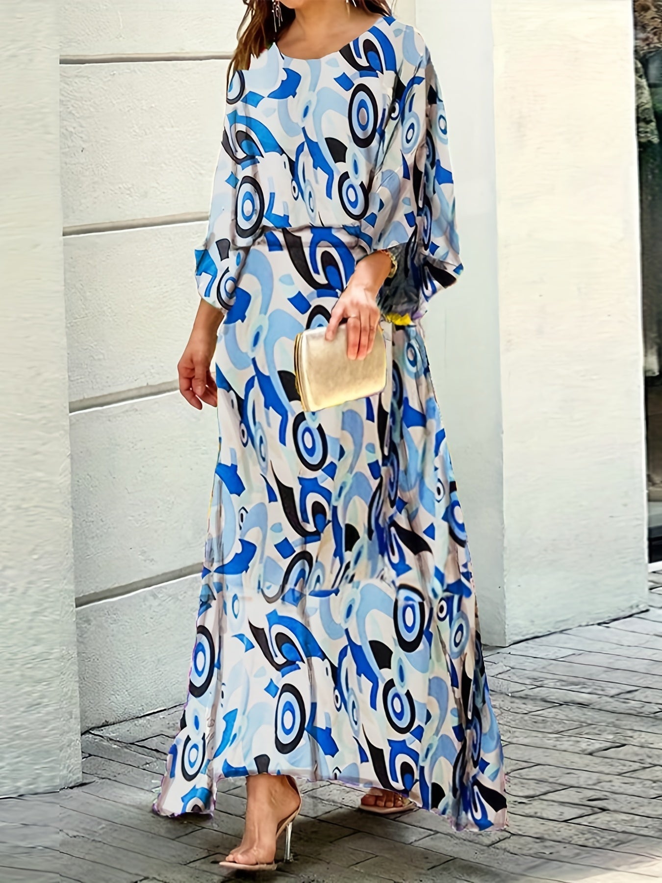 two-piece Geometric Print Maxi Skirt & Loose Long Sleeve Top Set for Women - Perfect for Spring & Fall Outfits