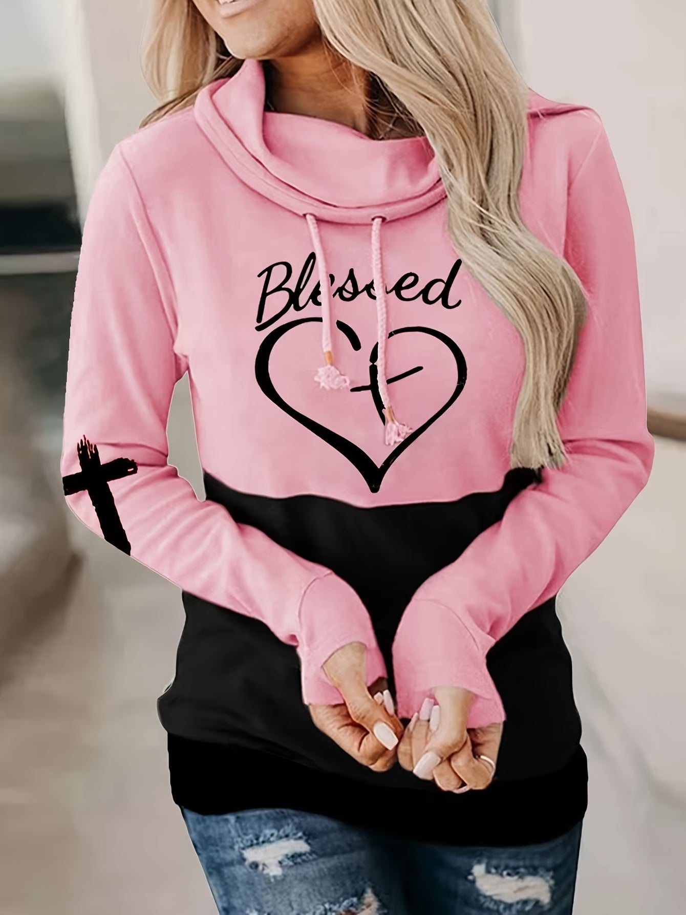 Sixsr Heart & Letter Print Pullover Sweatshirt, Casual Drawstring Long Sleeve Sweatshirt For Fall & Spring, Women's Clothing