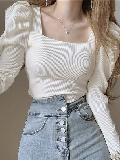 Sixsr Solid Color Square Neck T-Shirt, Chic Puff Long Sleeve T-Shirt For Spring & Fall, Women's Clothing