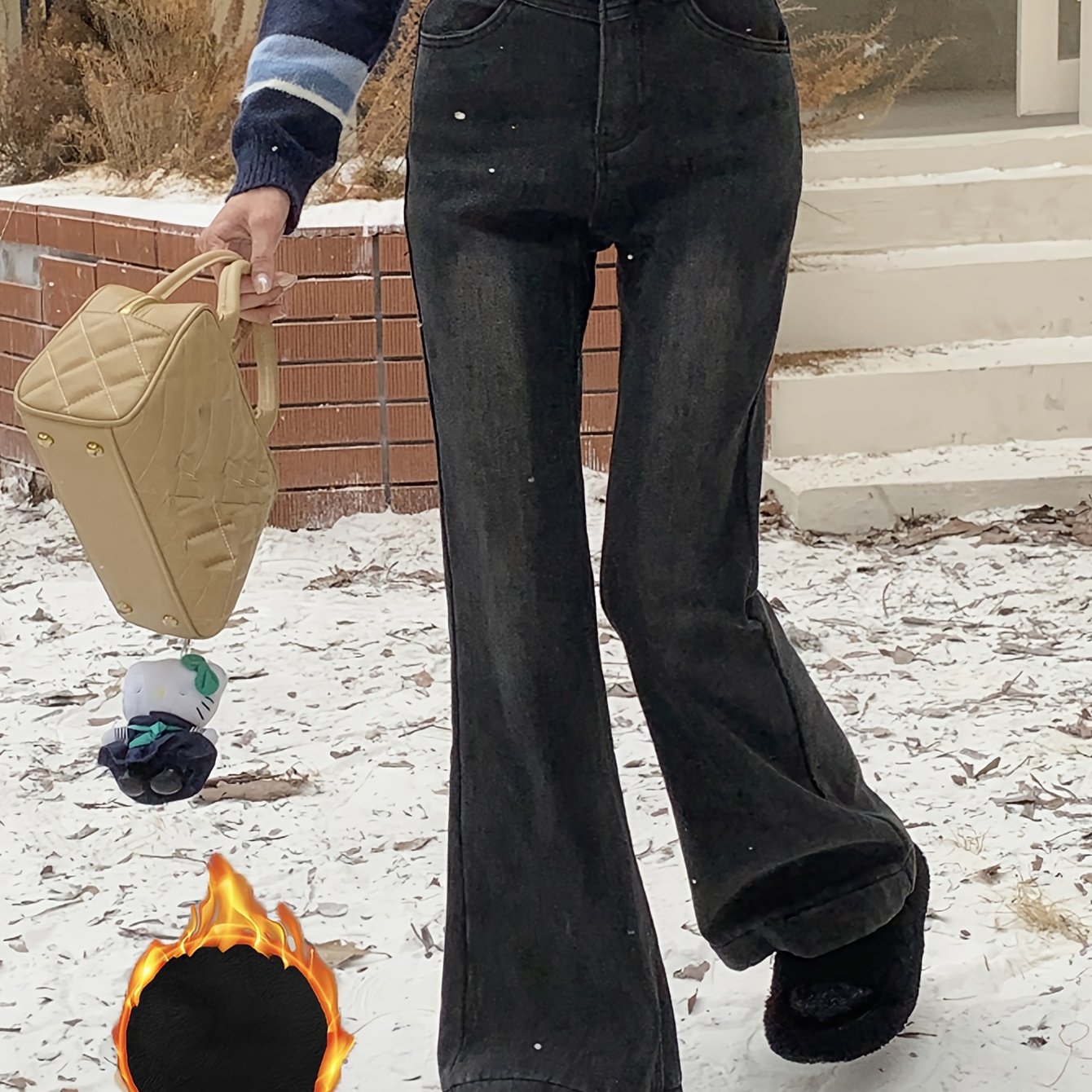 Sixsr Plush Lined Washed Flare Jeans, Keep Warm Stretchy Bell Bottom Jeans, Women's Denim Jeans & Clothing