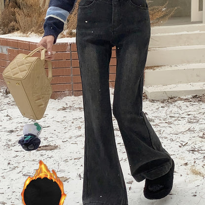 Sixsr Plush Lined Washed Flare Jeans, Keep Warm Stretchy Bell Bottom Jeans, Women's Denim Jeans & Clothing