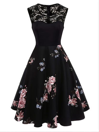 Women's Dresses Contrast Lace Vintage Dark Peony Print Sleeveless Dress