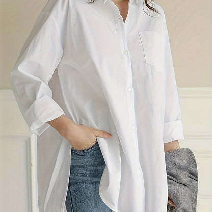 Sixsr Solid Button Front Curved Hem Shirt, Casual Long Sleeve Shirt For Spring & Fall, Women's Clothing