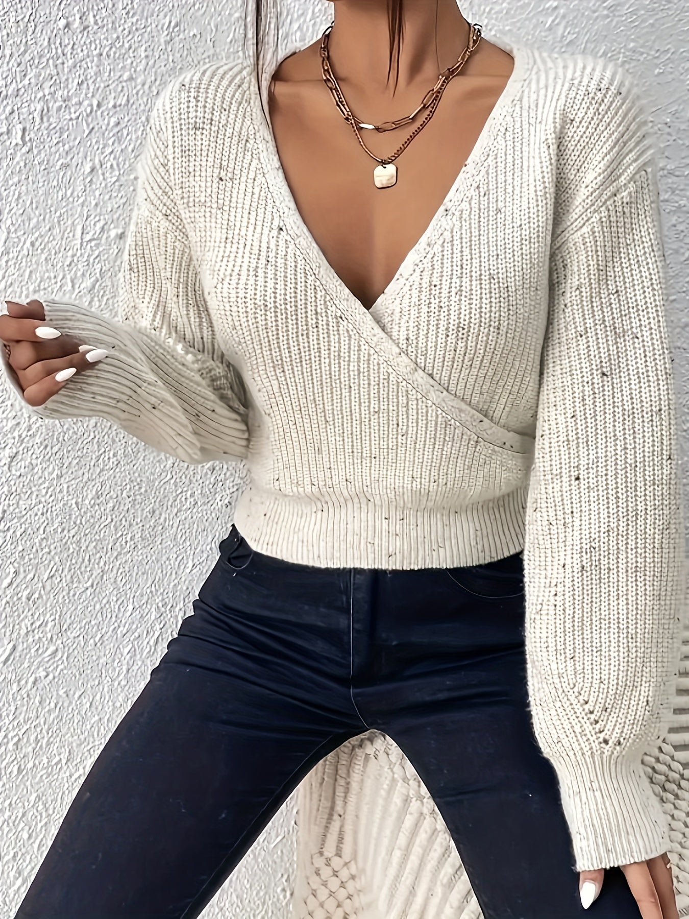 Sixsr Solid Surplice Neck Knit Sweater, Casual Long Sleeve Sweater, Women's Clothing