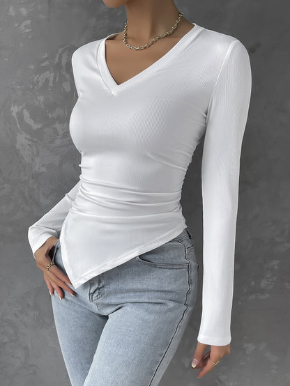 Sixsr Solid V Neck Ruched Hanky Hem T-Shirt, Casual Long Sleeve Top For Spring & Fall, Women's Clothing