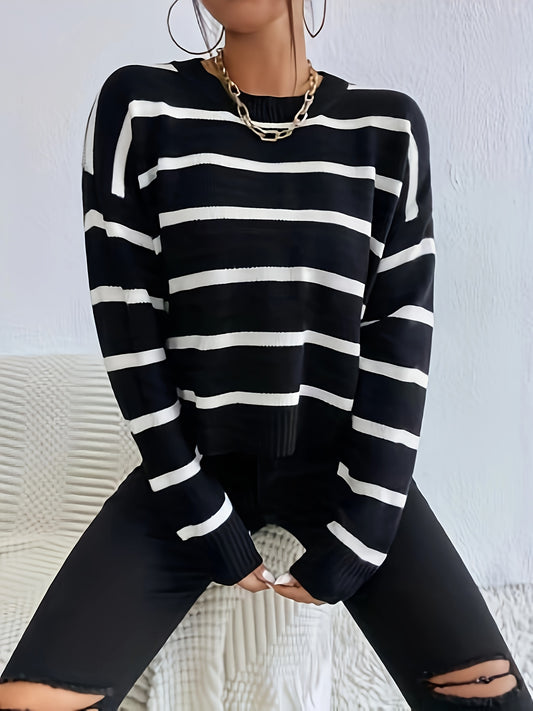 Sixsr Striped Crew Neck Pullover Sweater, Casual Long Sleeve Drop Shoulder Sweater, Women's Clothing