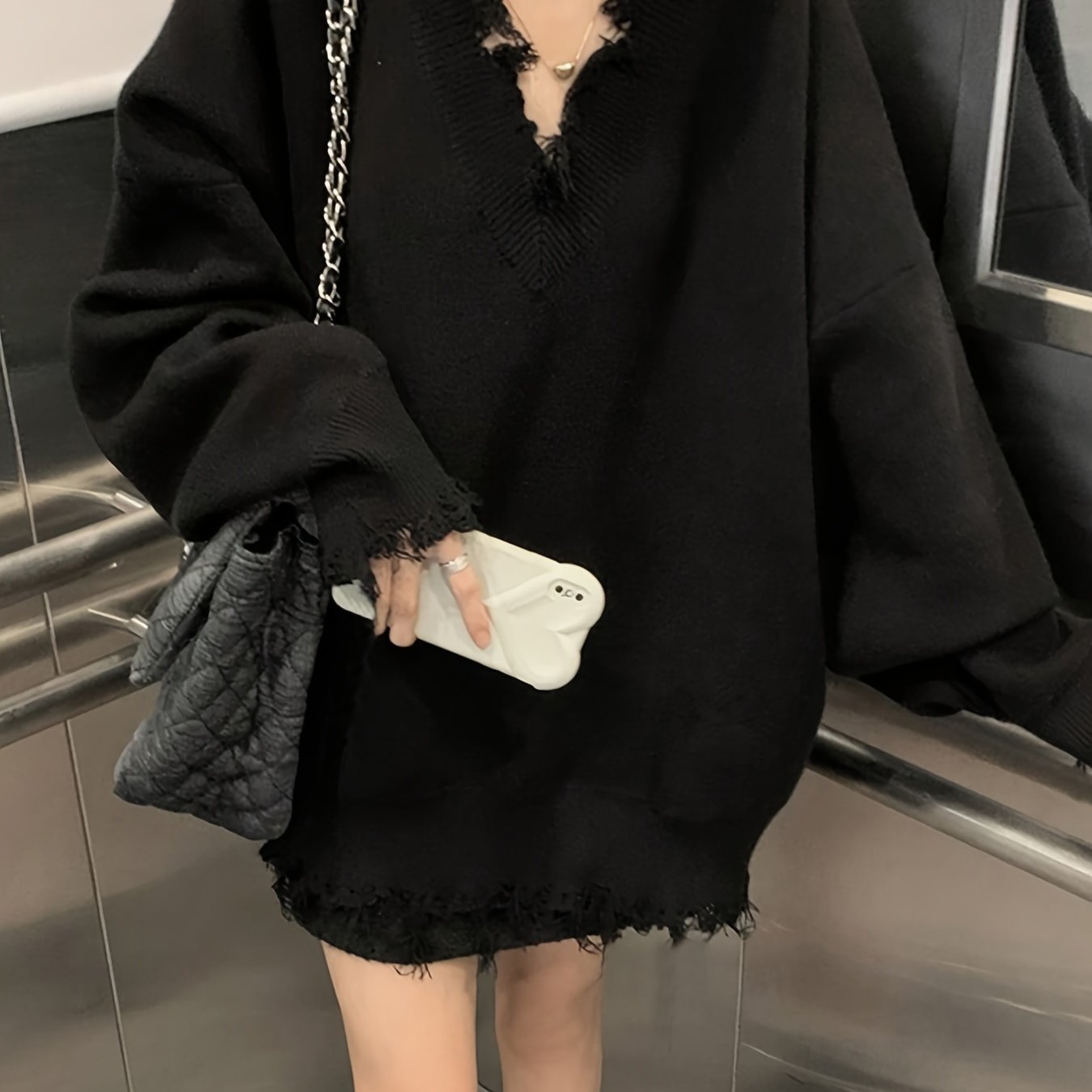 Sixsr Solid V Neck Pullover Sweater, Casual Ripped Long Sleeve Oversized Sweater, Women's Clothing