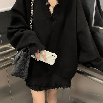 Sixsr Solid V Neck Pullover Sweater, Casual Ripped Long Sleeve Oversized Sweater, Women's Clothing