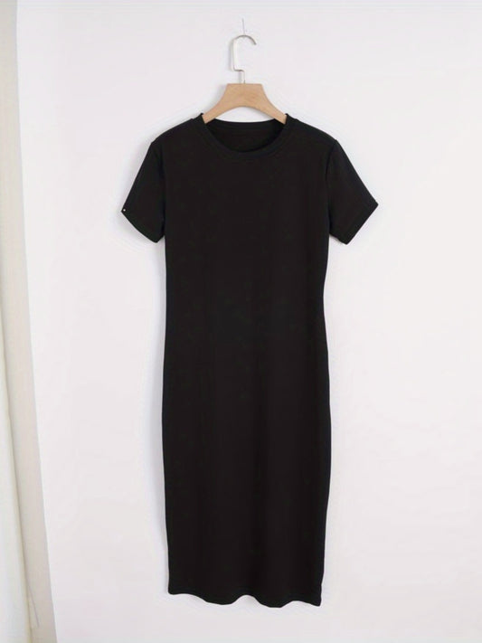 Sixsr Solid Simple Dress, Elegant Crew Neck Short Sleeve Maxi Dress, Women's Clothing