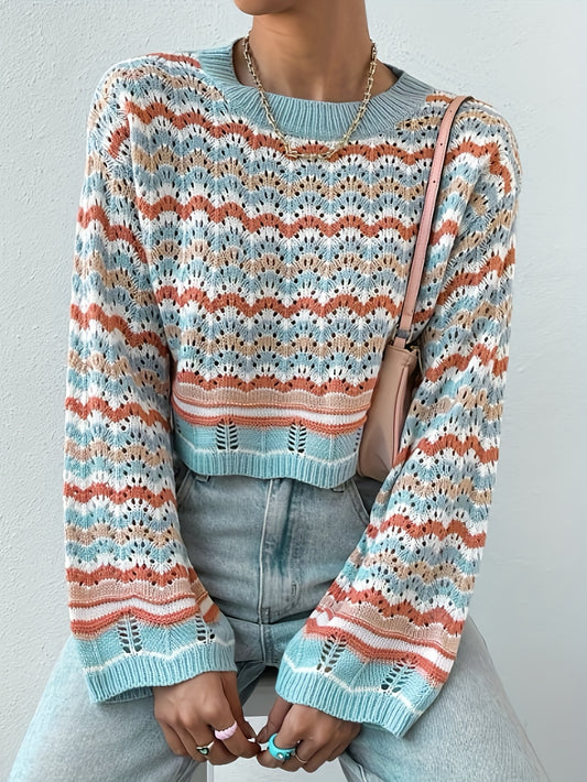 Sixsr Eyelet Geo Print Knit Sweater, Casual Crew Neck Long Sleeve Sweater, Women's Clothing