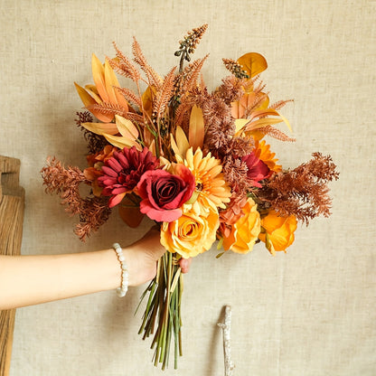 1pc Artificial Flower Bouquets, Silk Sunflowers For Home Decor And Wedding, Faux Fall Flower Dining Table Centerpiece, Artificial Plants Fall Foliage Silk Flowers For Decoration, Autumn Thanksgiving Halloween Harvest Festival Decor