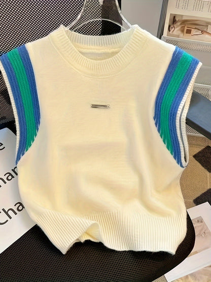 Sixsr Contrast Trim Crew Neck Tank Top, Cute Sleeveless Stripes Tank Top For Spring & Fall, Women's Clothing