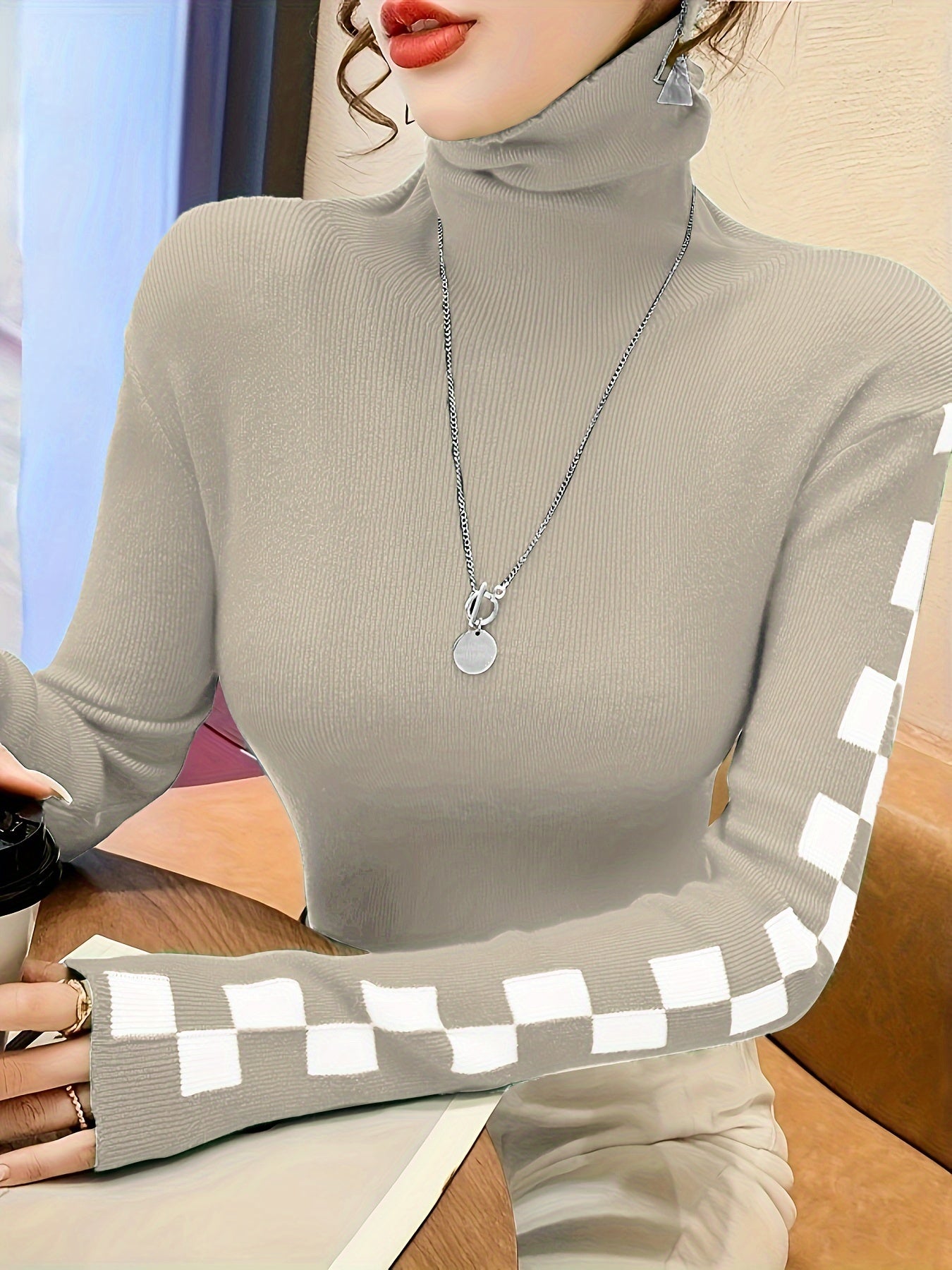 Sixsr Plaid Turtle Neck Pullover Sweater, Casual Long Sleeve Slim Versatile Sweater, Women's Clothing