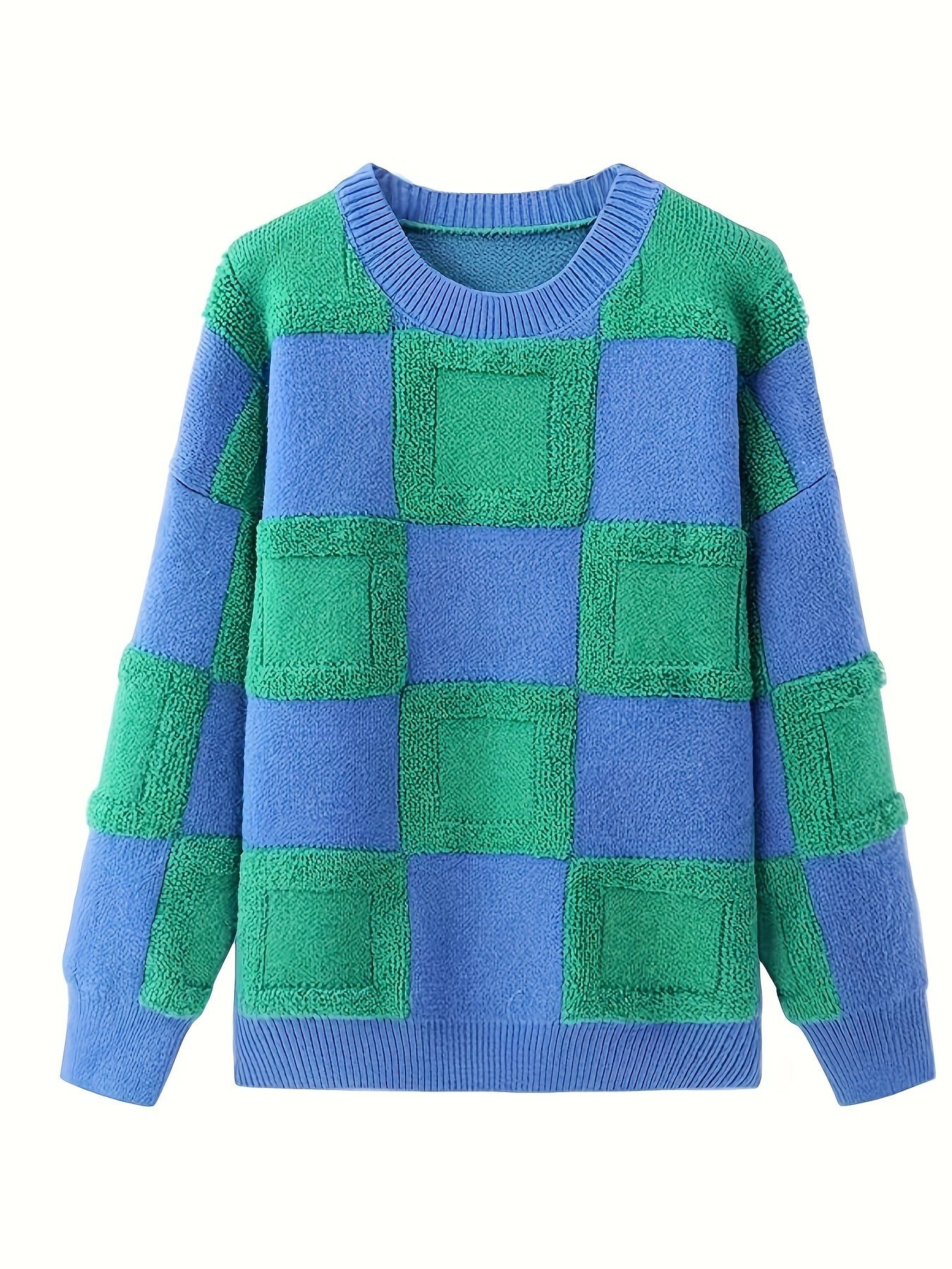 Sixsr Plaid Pattern Crew Neck Pullover Sweater, Casual Long Sleeve Drop Shoulder Sweater, Women's Clothing