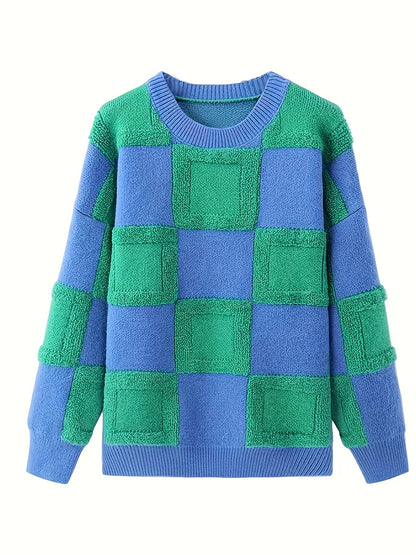 Sixsr Plaid Pattern Crew Neck Pullover Sweater, Casual Long Sleeve Drop Shoulder Sweater, Women's Clothing