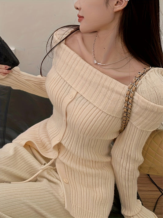 Sixsr Solid Off Shoulder Rib Knit Sweater, Elegant Button Front Long Sleeve Slim Sweater, Women's Clothing