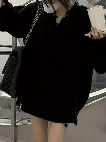 Sixsr Solid V Neck Pullover Sweater, Casual Ripped Long Sleeve Oversized Sweater, Women's Clothing