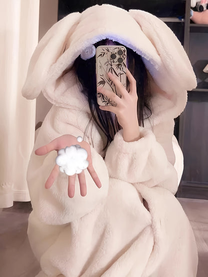 Sixsr Cute Rabbit Hooded Fleece Night Robe, Thickened Long Sleeve Button Up Robe With Pockets, Women's Sleepwear & Dresses