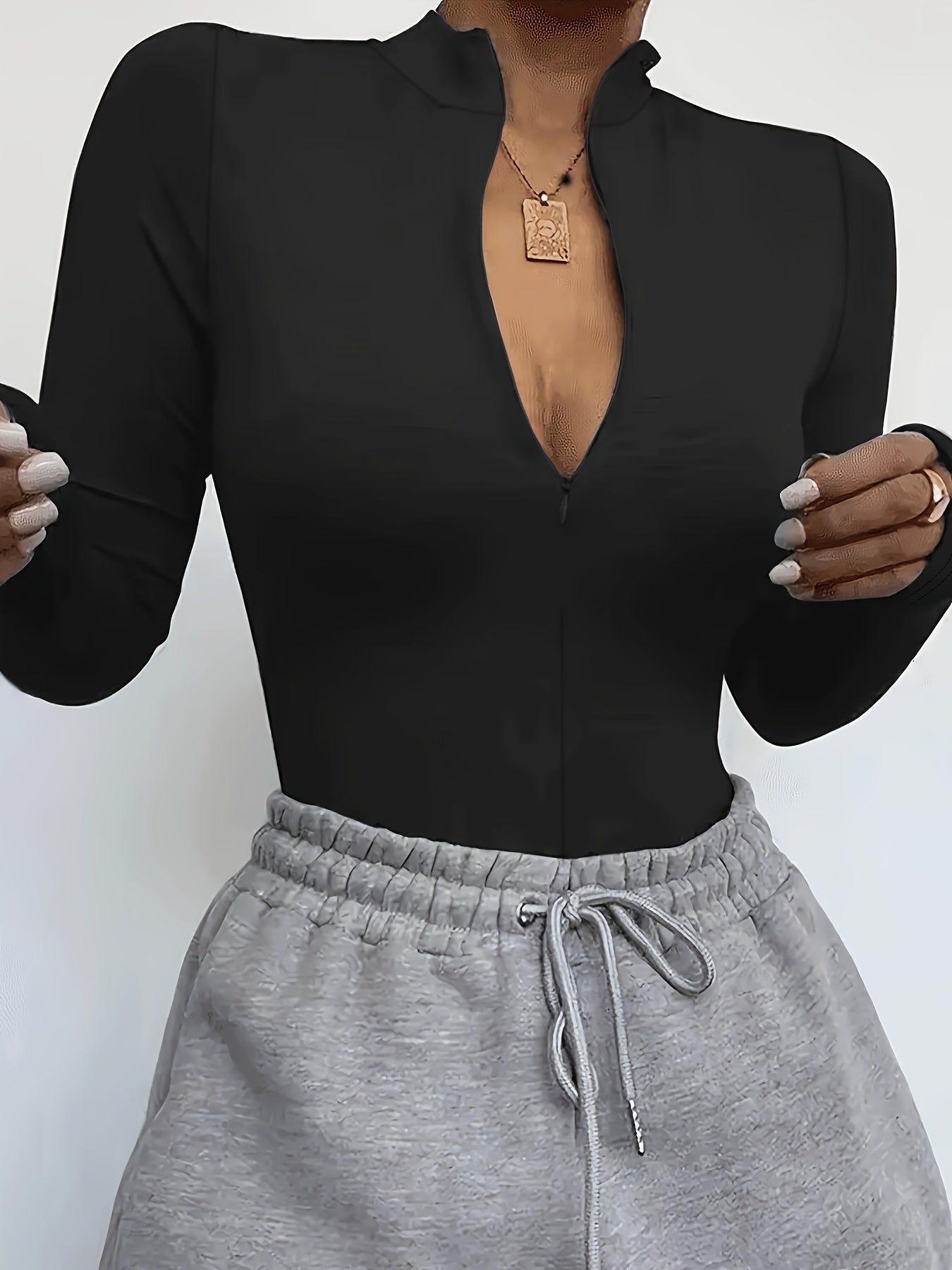 Solid Zip Up Mock Neck Bodysuit, Elegant Long Sleeve Slim Bodysuit, Women's Clothing