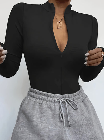 Solid Zip Up Mock Neck Bodysuit, Elegant Long Sleeve Slim Bodysuit, Women's Clothing