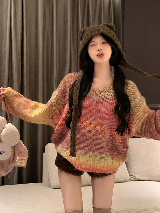 Sixsr Tie Dye V Neck Pullover Sweater, Vintage Long Sleeve Loose Sweater, Women's Clothing