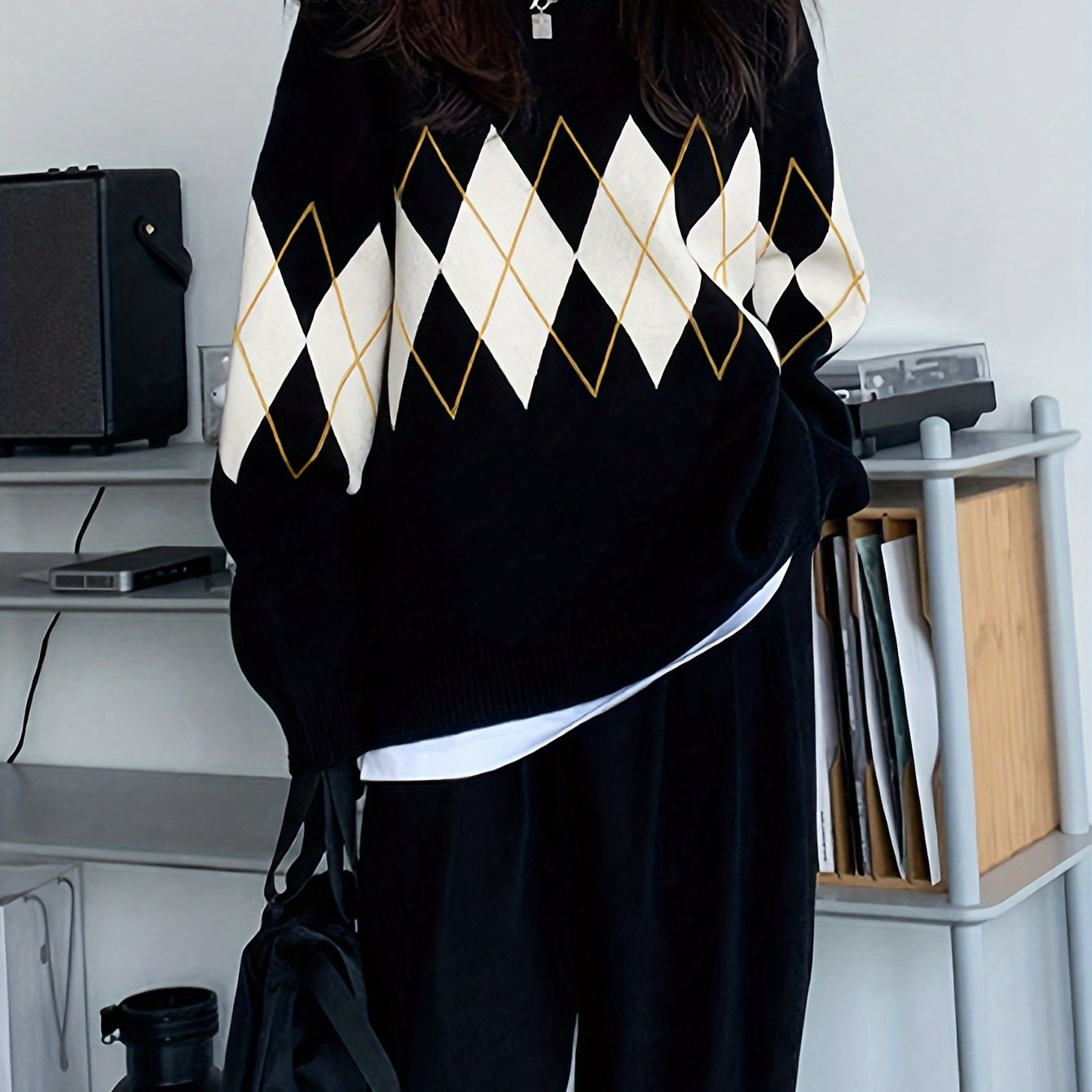 Sixsr Argyle Pattern Knit Sweater, Casual Long Sleeve Pullover Sweater, Women's Clothing