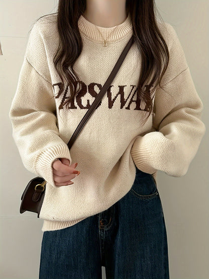 Sixsr Letter Pattern Crew Neck Pullover Sweater, Casual Long Sleeve Drop Shoulder Sweater, Women's Clothing