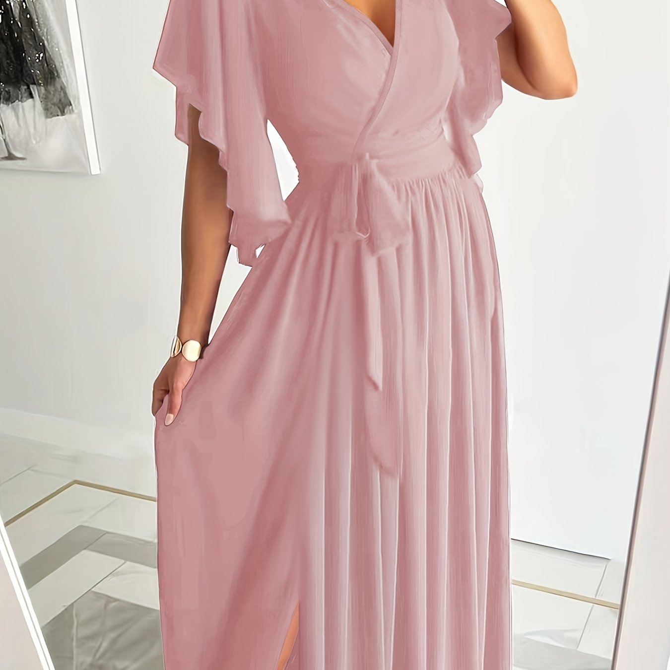 Elegant Plus Size Maxi Dress with Ruffle Sleeves and High Split Hem - Perfect for Special Occasions