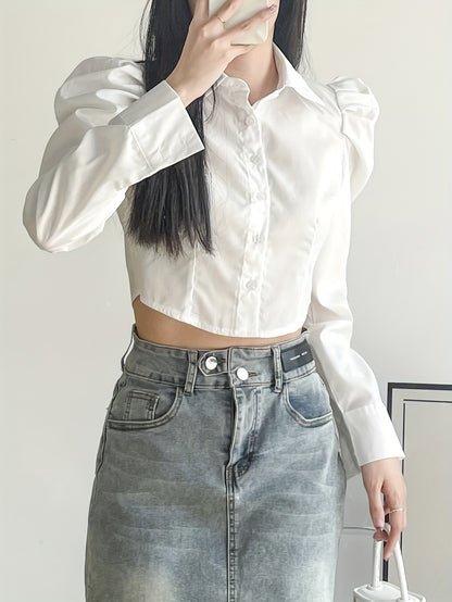 Sixsr Puff Sleeve Button Front Blouse, Casual Solid Color Lapel Crop Blouse For Spring & Fall, Women's Clothing