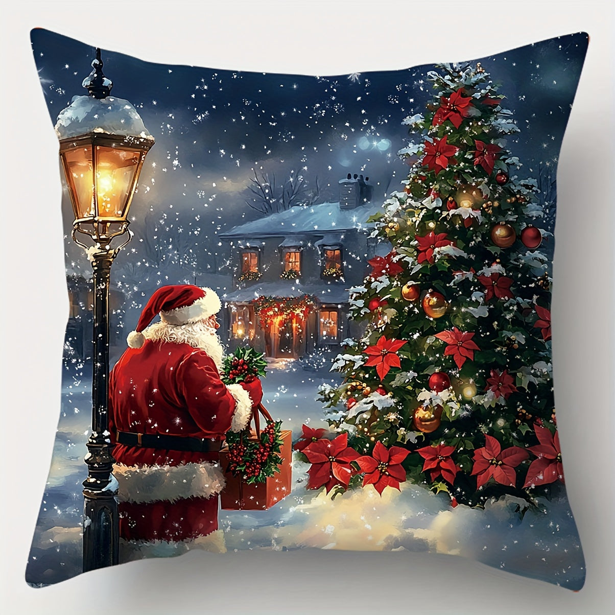 JIT Set of 4 Christmas Pillow Covers – Contemporary Hand Washable Throw Pillowcases with Santa, Gnome, Snowman, & Deer Prints – Zippered Polyester Cushion Covers for Living Room Decor, 18x18 Inches