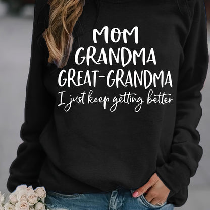 Sixsr Grandma Letter Print Solid Pullover, Long Sleeve Crew Neck Casual Sweatshirt, Women's Clothing