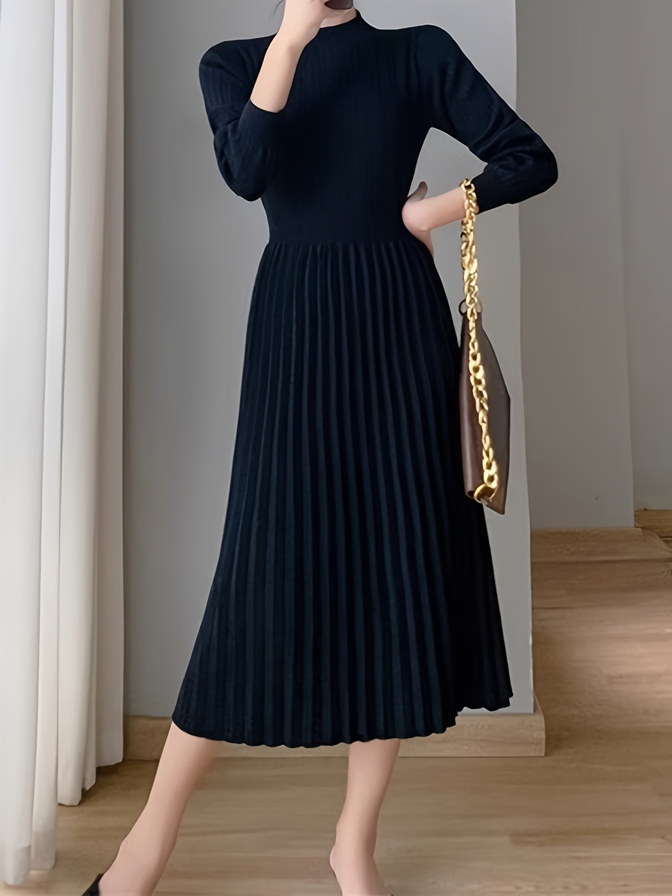 Sixsr Solid Pleated Midi Dress, Elegant Mock Neck Long Sleeve Dress, Women's Clothing