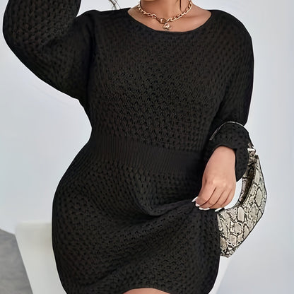 Slim Waist Sweater Dress, Elegant Solid Long Sleeve Crew Neck Dress, Women's Clothing