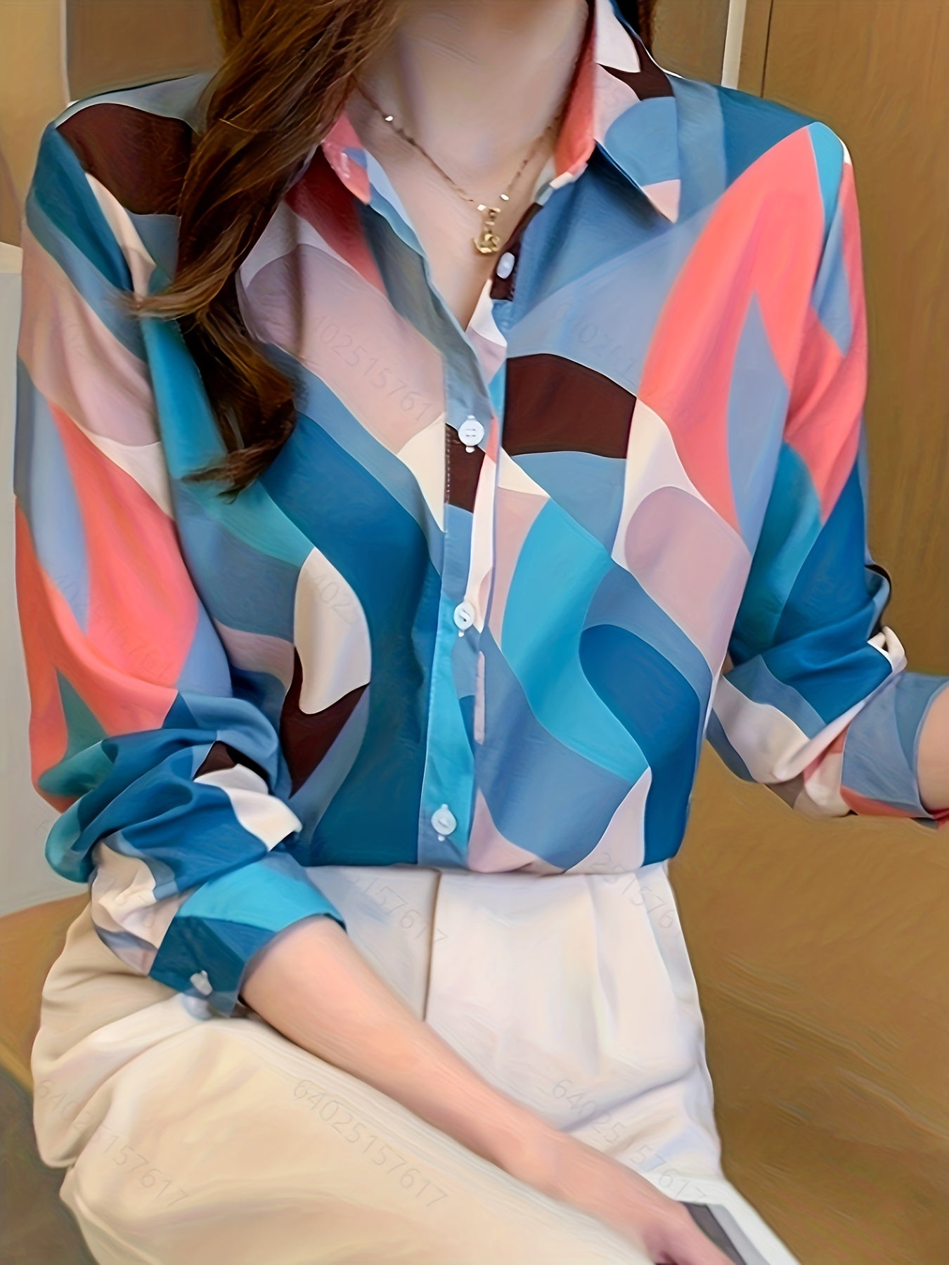 Sixsr Color Block Button Front Shirt, Casual Long Sleeve Shirt For Spring & Fall, Women's Clothing