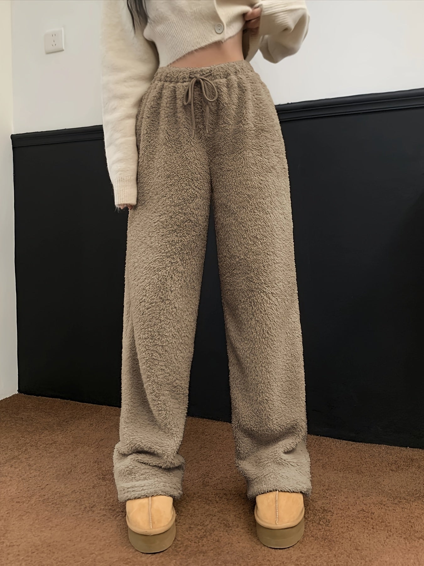 Sixsr Solid Teddy Drawstring Pants, Casual Straight Leg High Waist Pants, Women's Clothing