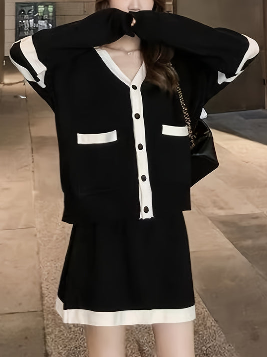 Sixsr Black & White Skirt Two-piece Set, Button Up Long Sleeve Cardigan & Loose Knee Length Skirts For Spring & Summer, Women's Clothing
