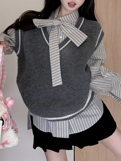 Sixsr Contrast Trim Sweater Vest, Preppy Sleeveless V Neck Vest, Women's Clothing