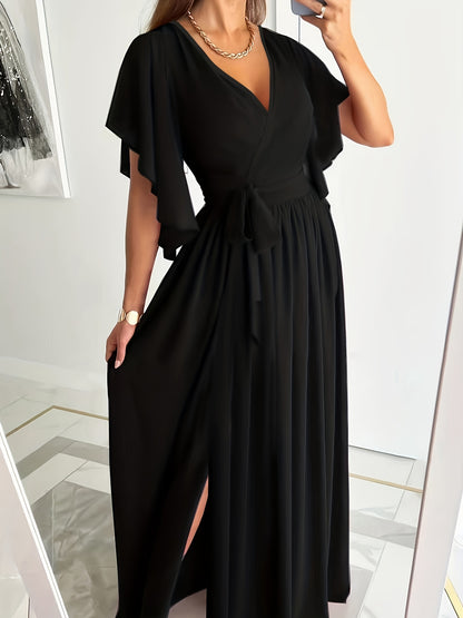 Elegant Plus Size Maxi Dress with Ruffle Sleeves and High Split Hem - Perfect for Special Occasions