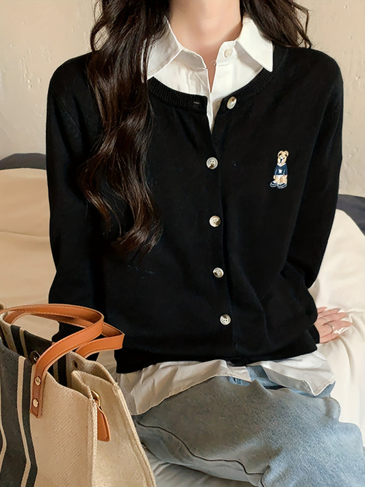 Sixsr Bear Pattern Button Front Cardigan, Casual Long Sleeve Cardigan For Spring & Fall, Women's Clothing
