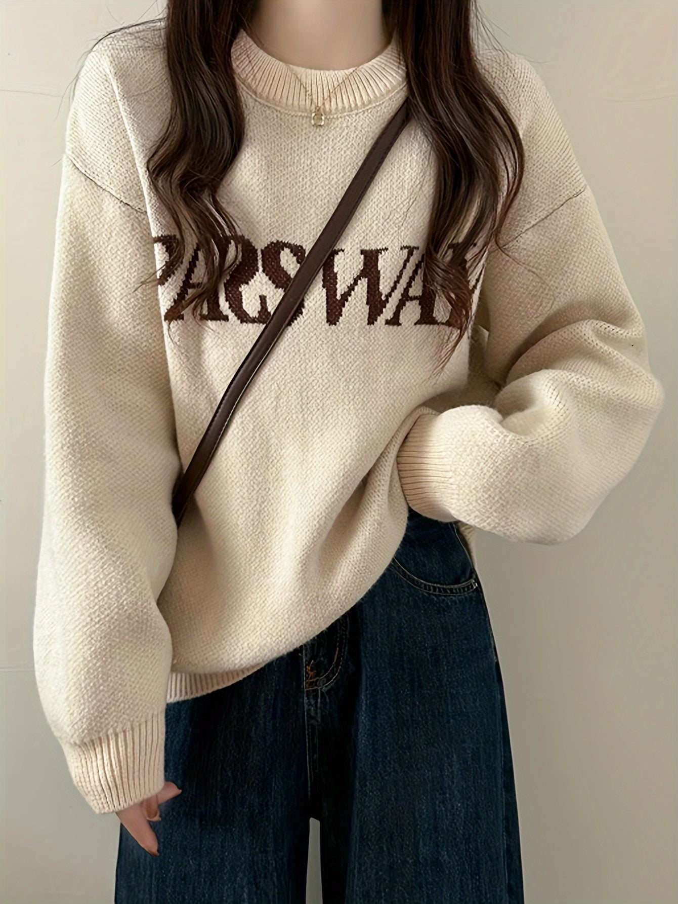 Sixsr Letter Pattern Crew Neck Pullover Sweater, Casual Long Sleeve Drop Shoulder Sweater, Women's Clothing