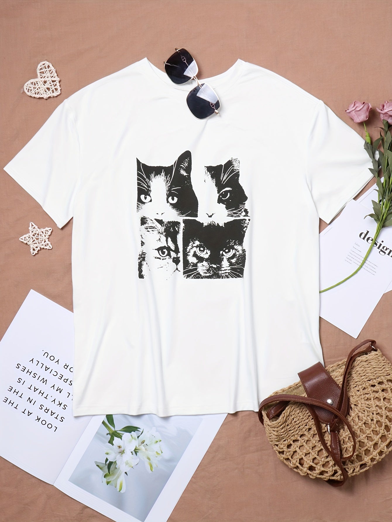 Sixsr Cat Print Crew Neck T-Shirt, Y2K Short Sleeve T-Shirt For Spring & Summer, Women's Clothing