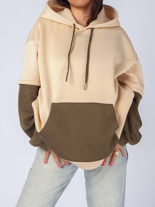 Sixsr Plus Size Casual Sweatshirt, Women's Plus Colorblock Long Sleeve Slight Stretch Drawstring Hoodie With Giant Pocket